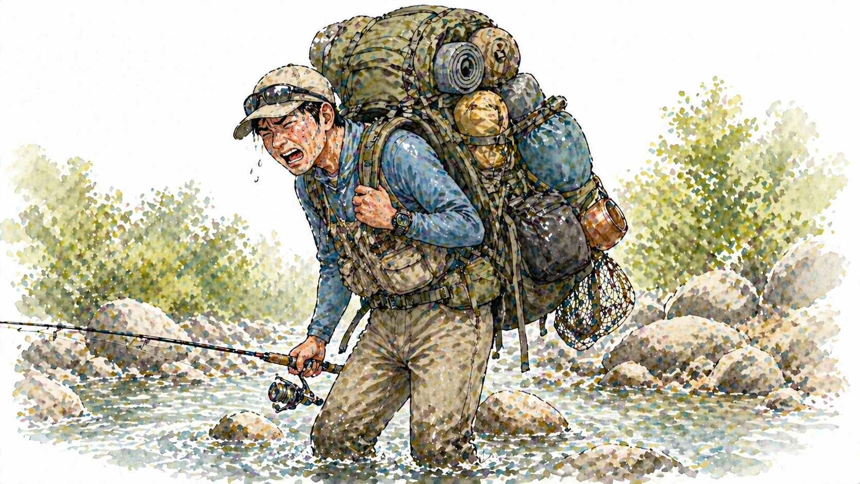荷物が多すぎて岩場でバテているアングラー