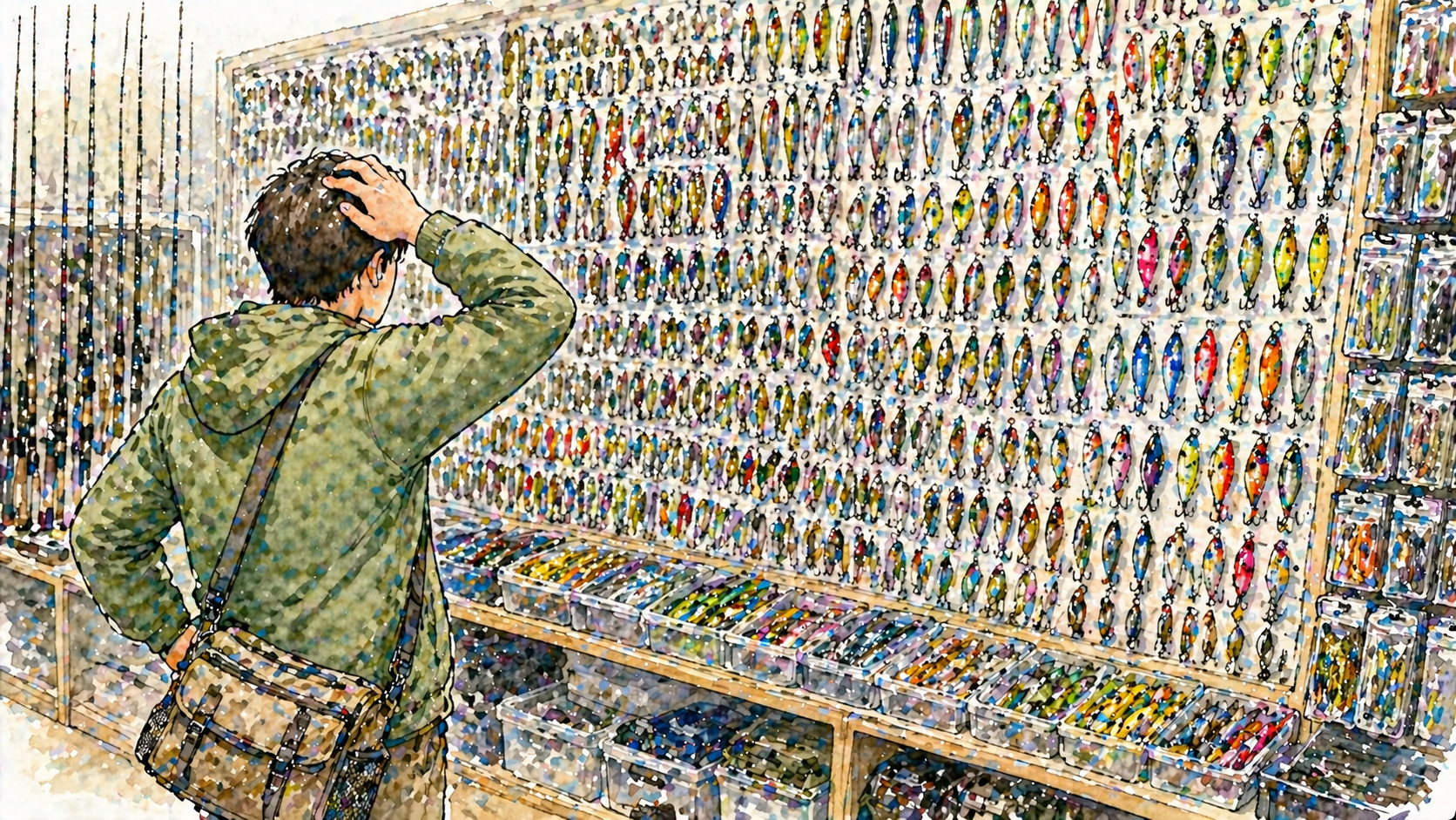 釣具屋のルアーの壁の前で悩む初心者
