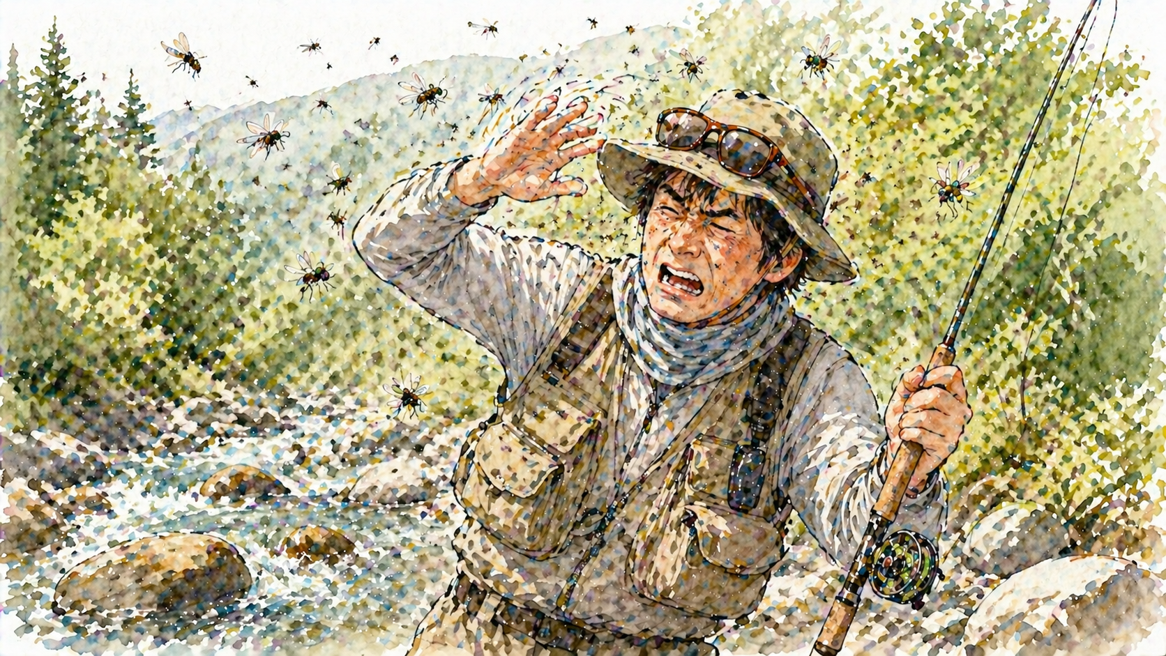 虫に囲まれて困り果てるアングラー