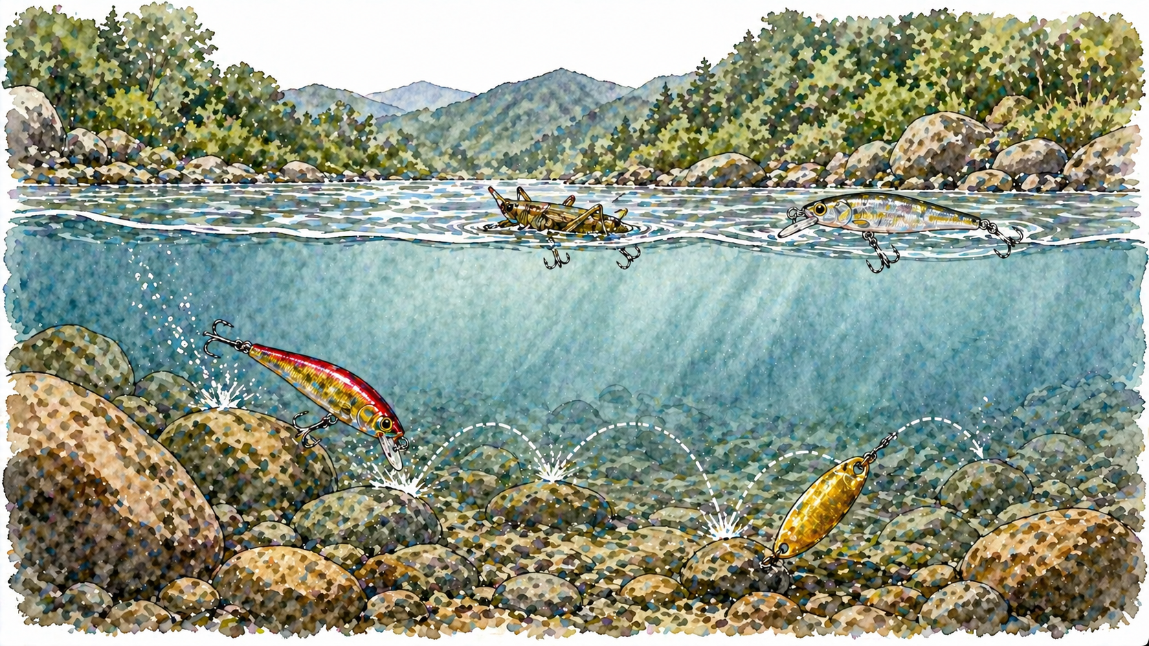 ボトム（底）を叩くルアーと、プカプカ浮かぶルアーの図解