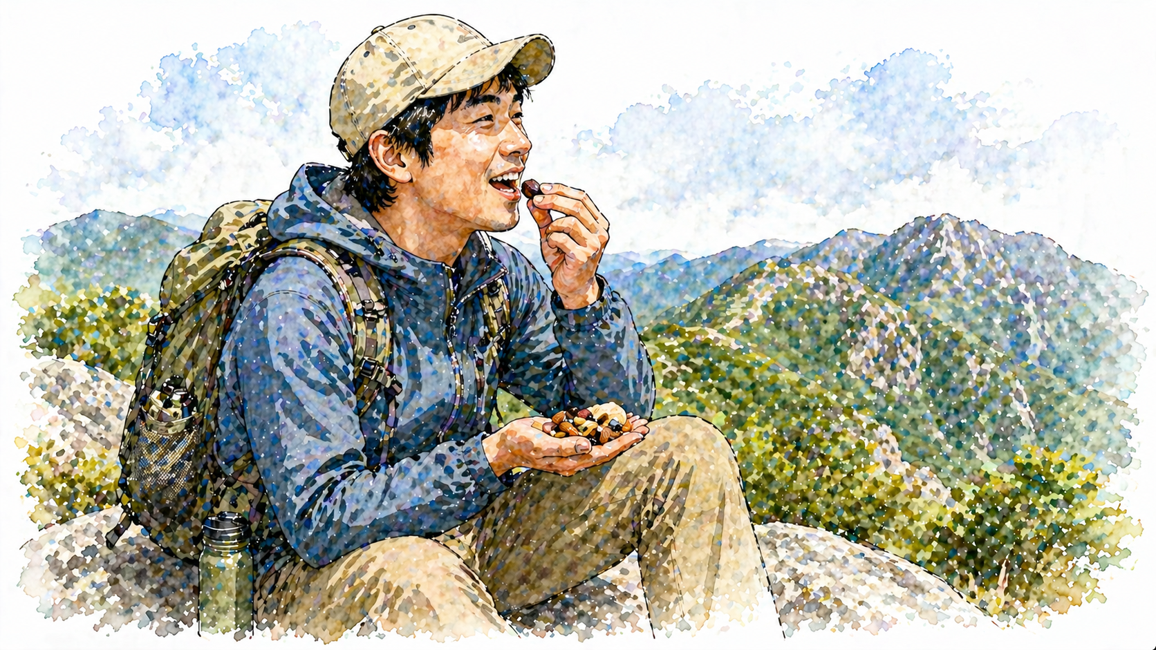 行動食を食べるハイカー