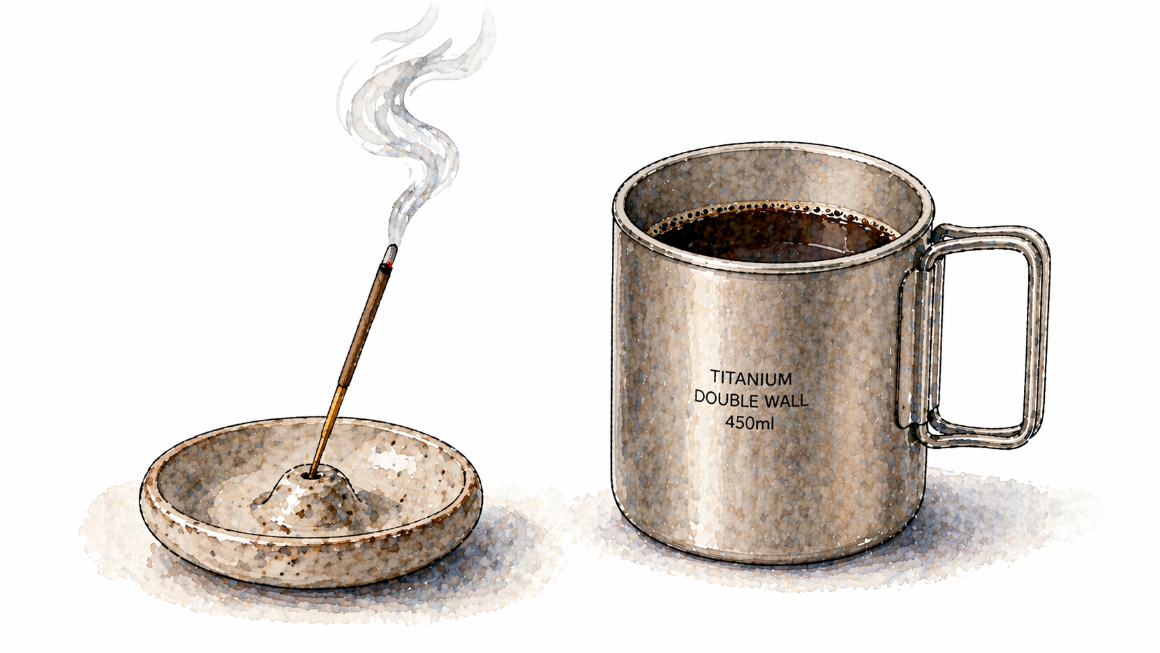 お香を焚く様子とコーヒー