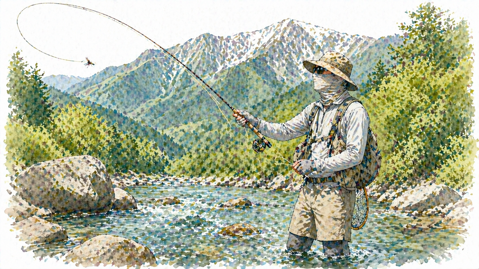 虫を気にせず、清々しい表情で渓流釣りを楽しむアングラー