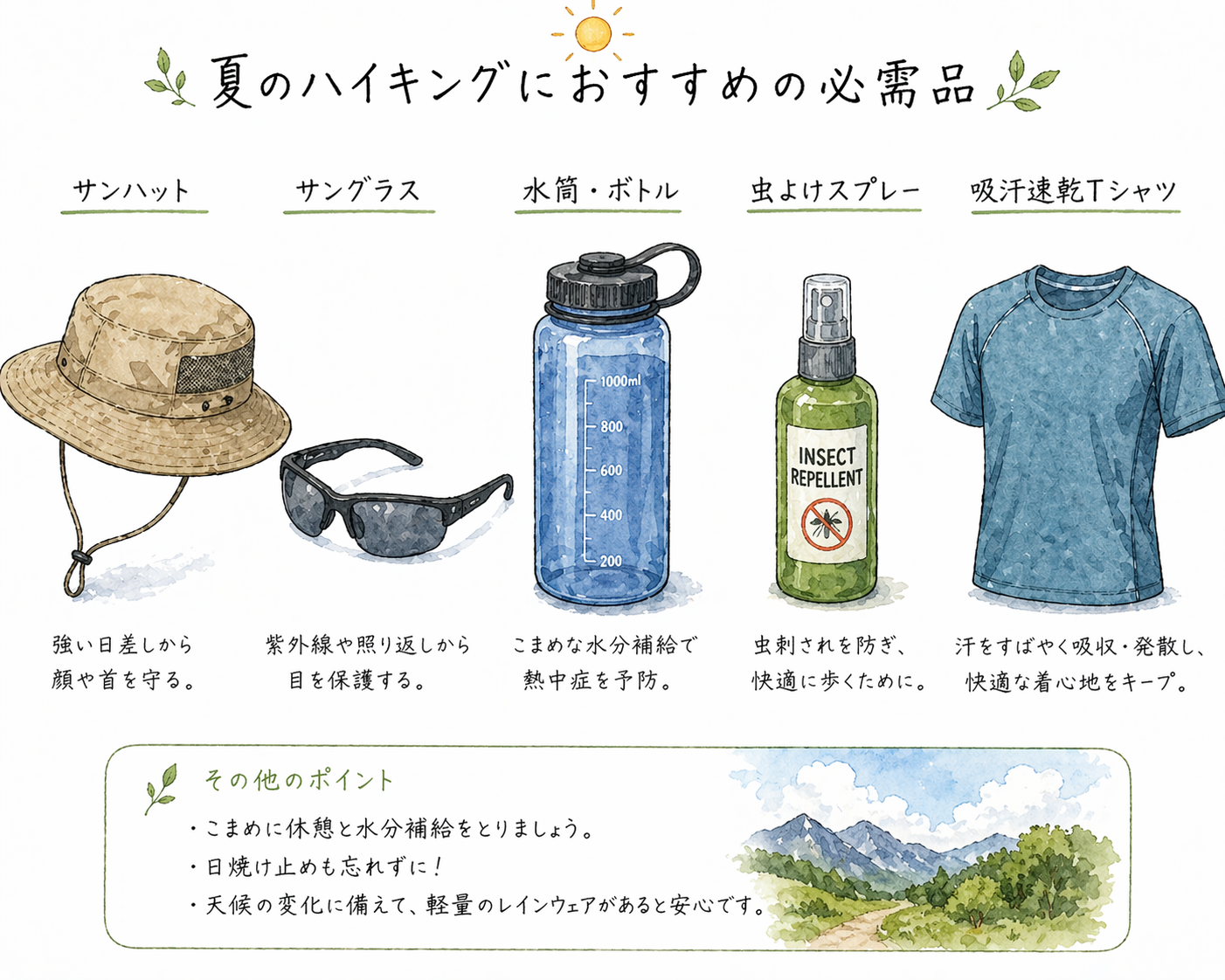 夏登山の服装と持ち物
