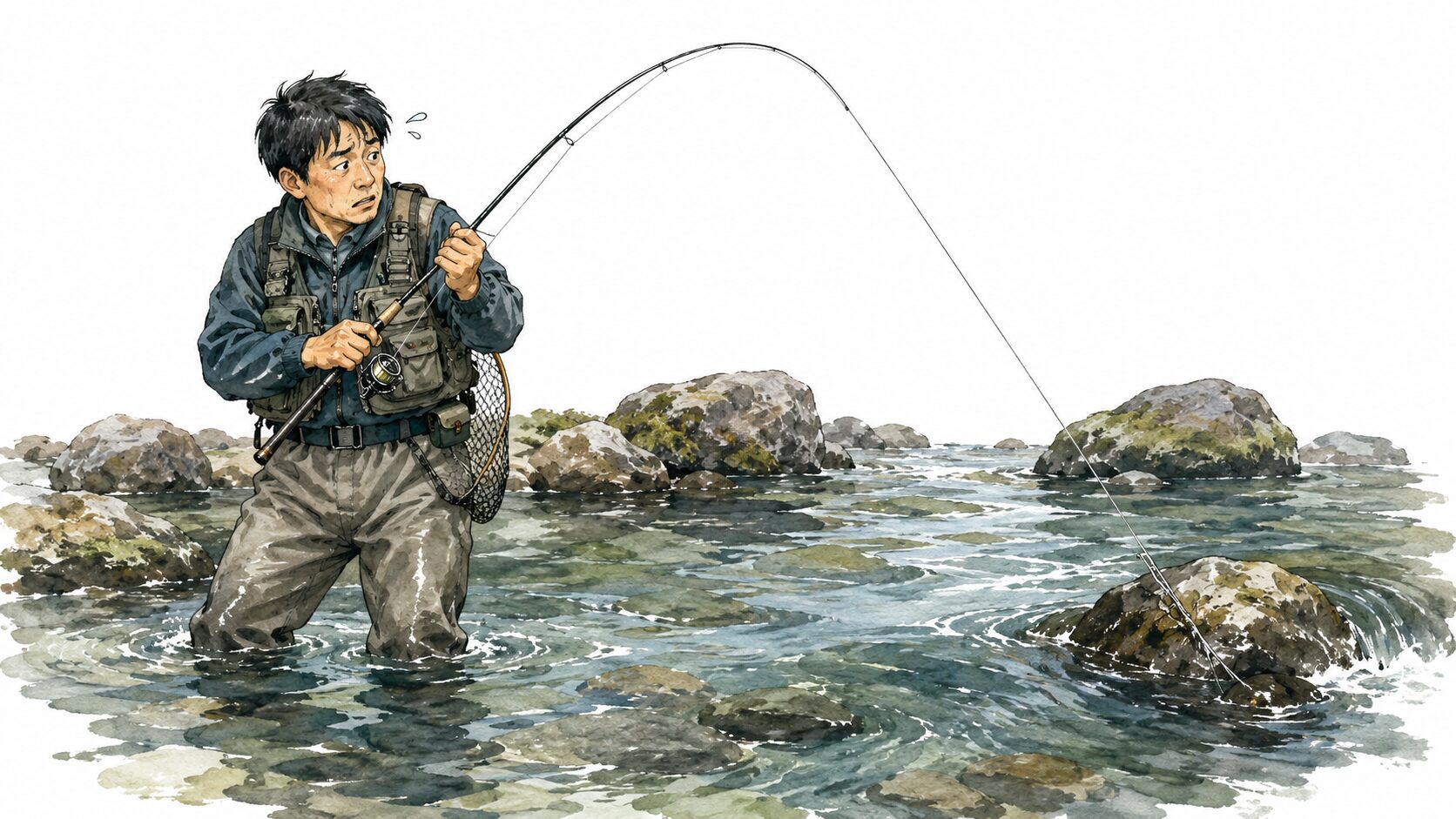 渓流で根がかりを起こし、ラインを張ってどうしようか考えているアングラー