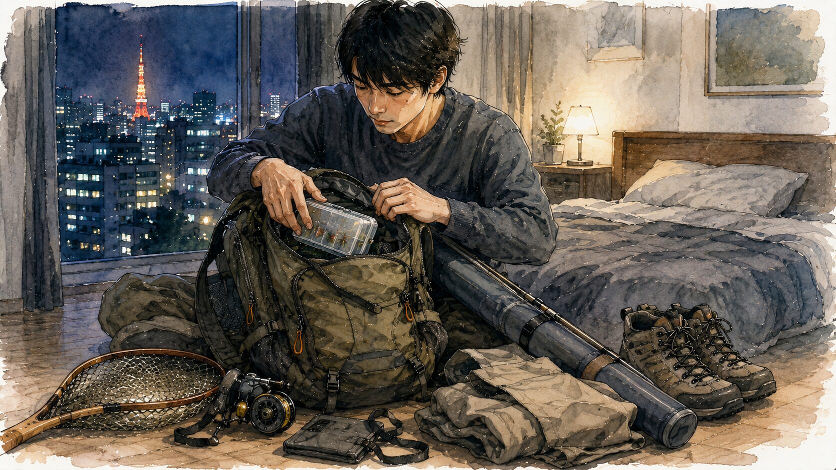 暗い部屋で、翌日の渓流釣りの道具を真剣にチェックするアングラー