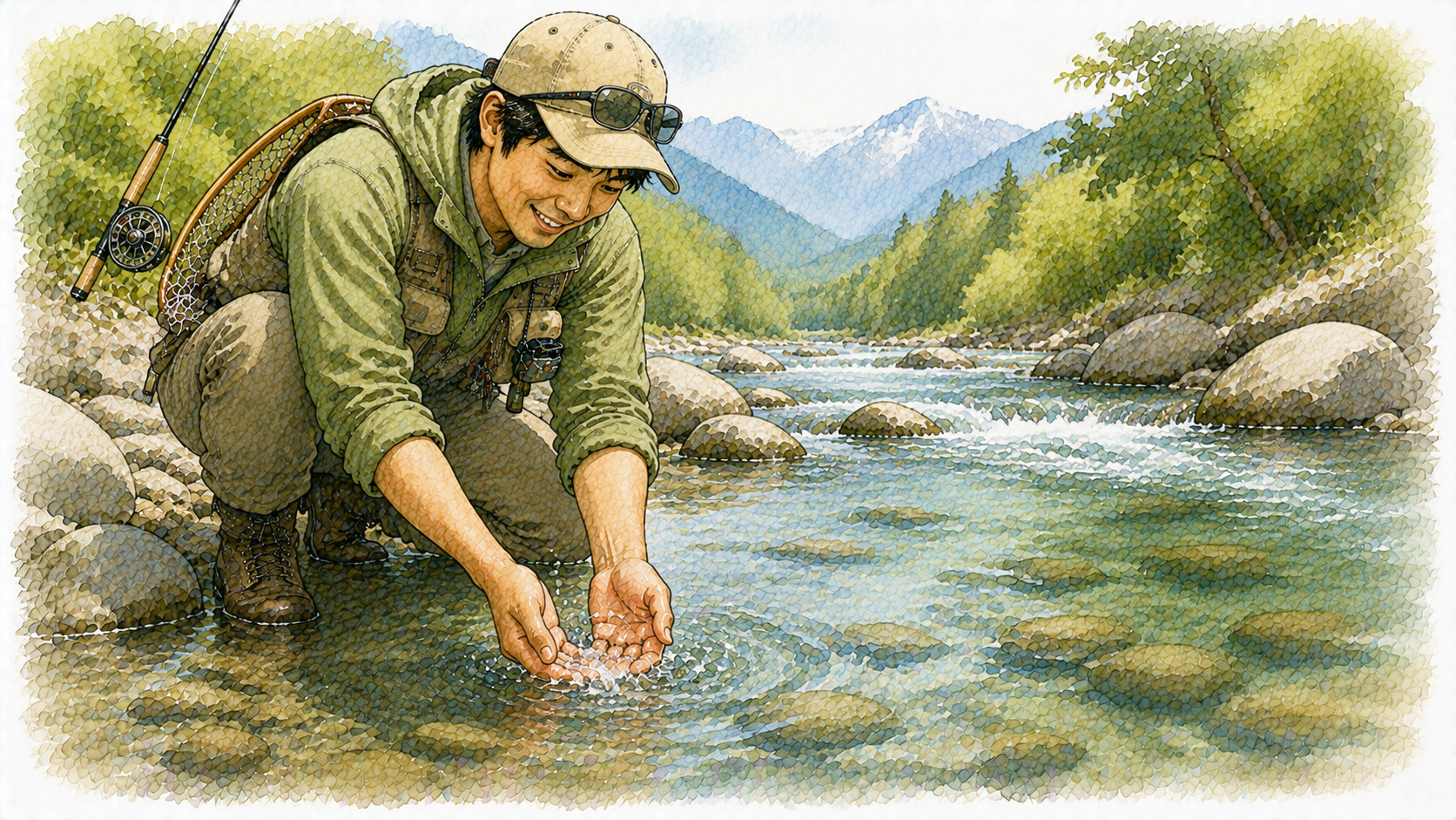 川の水で手を冷やしているアングラー