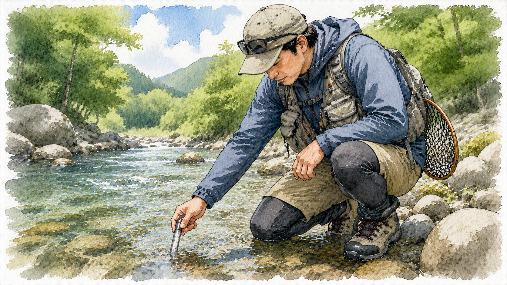 川に水温計を浸して温度を測るアングラー