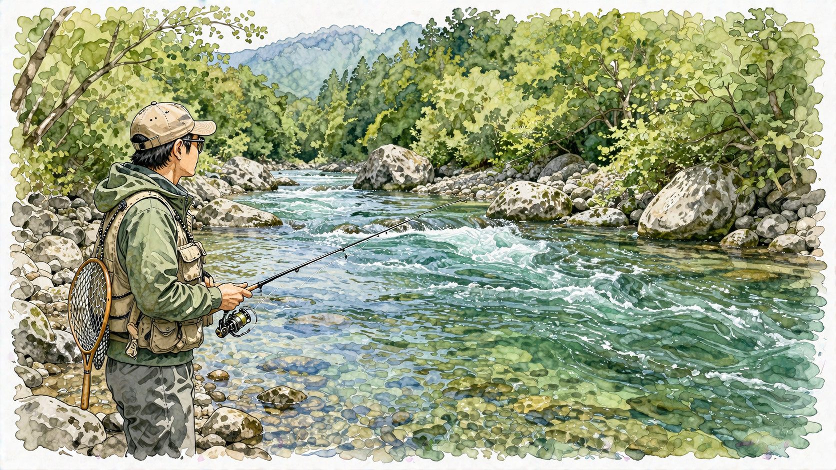 川の流れを見つめるアングラー