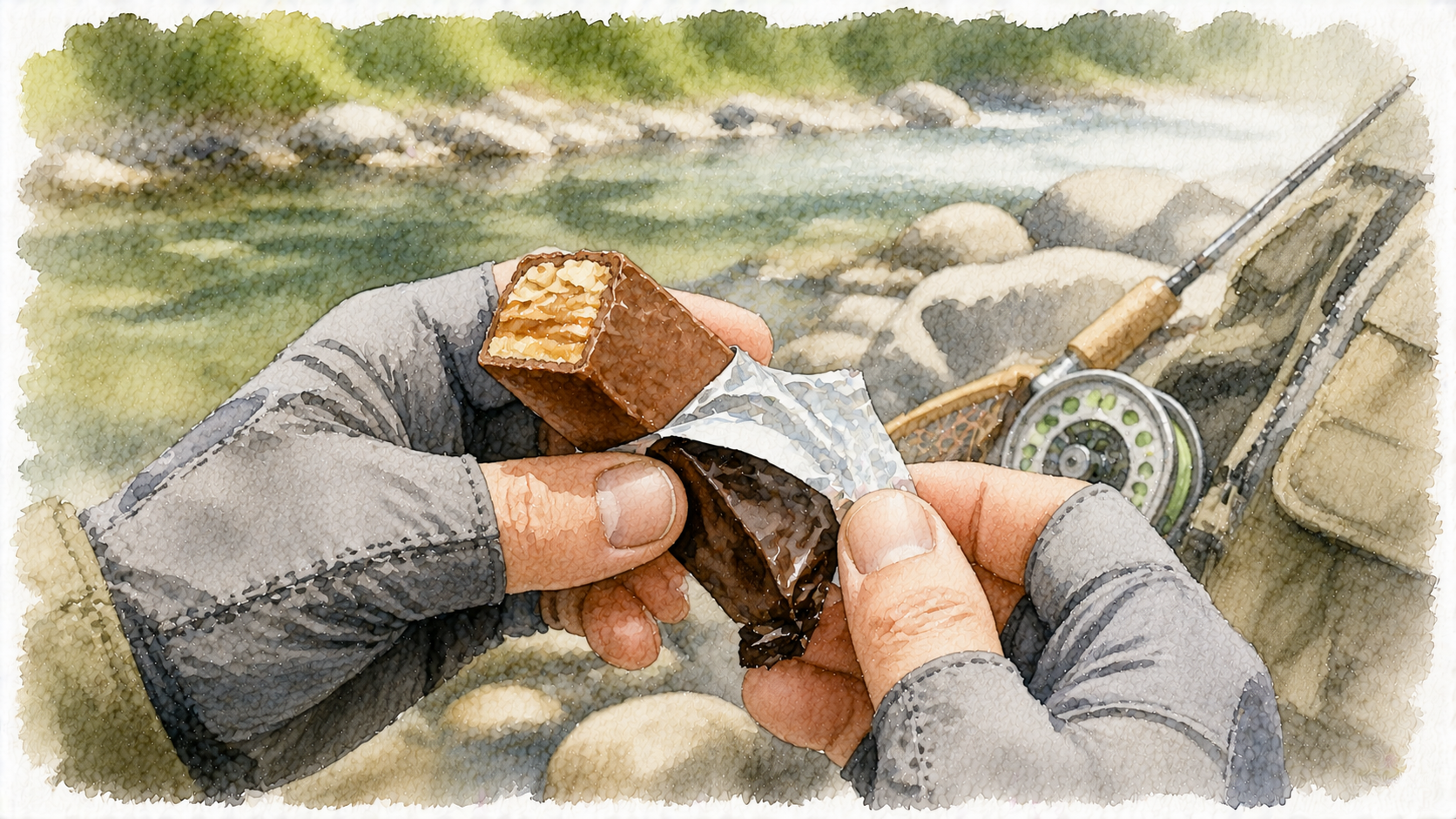 包装紙をむいてチョコバーを食べるアングラー