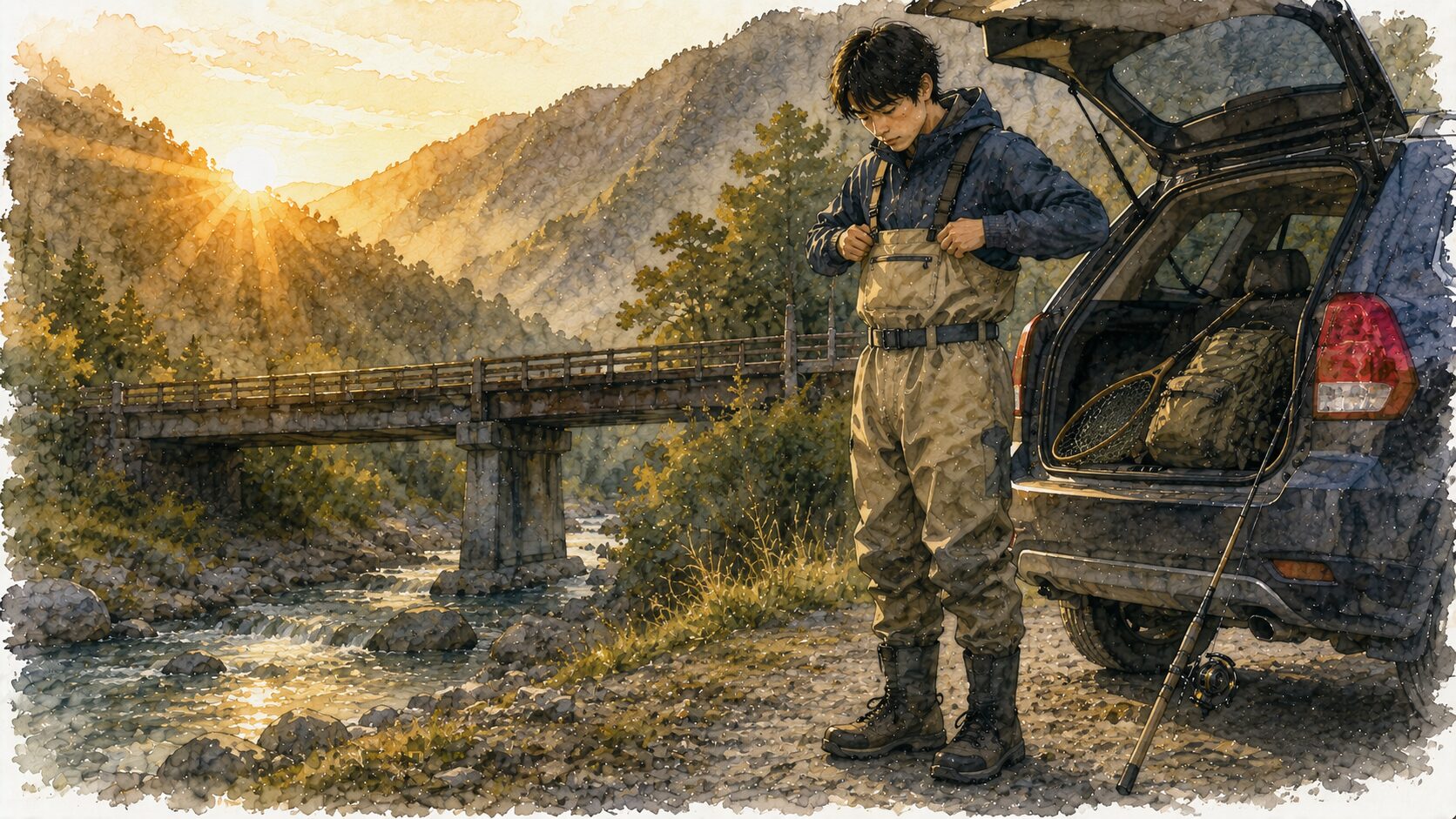 日の出の光を浴びながら、車脇でウェーダーを履くアングラー