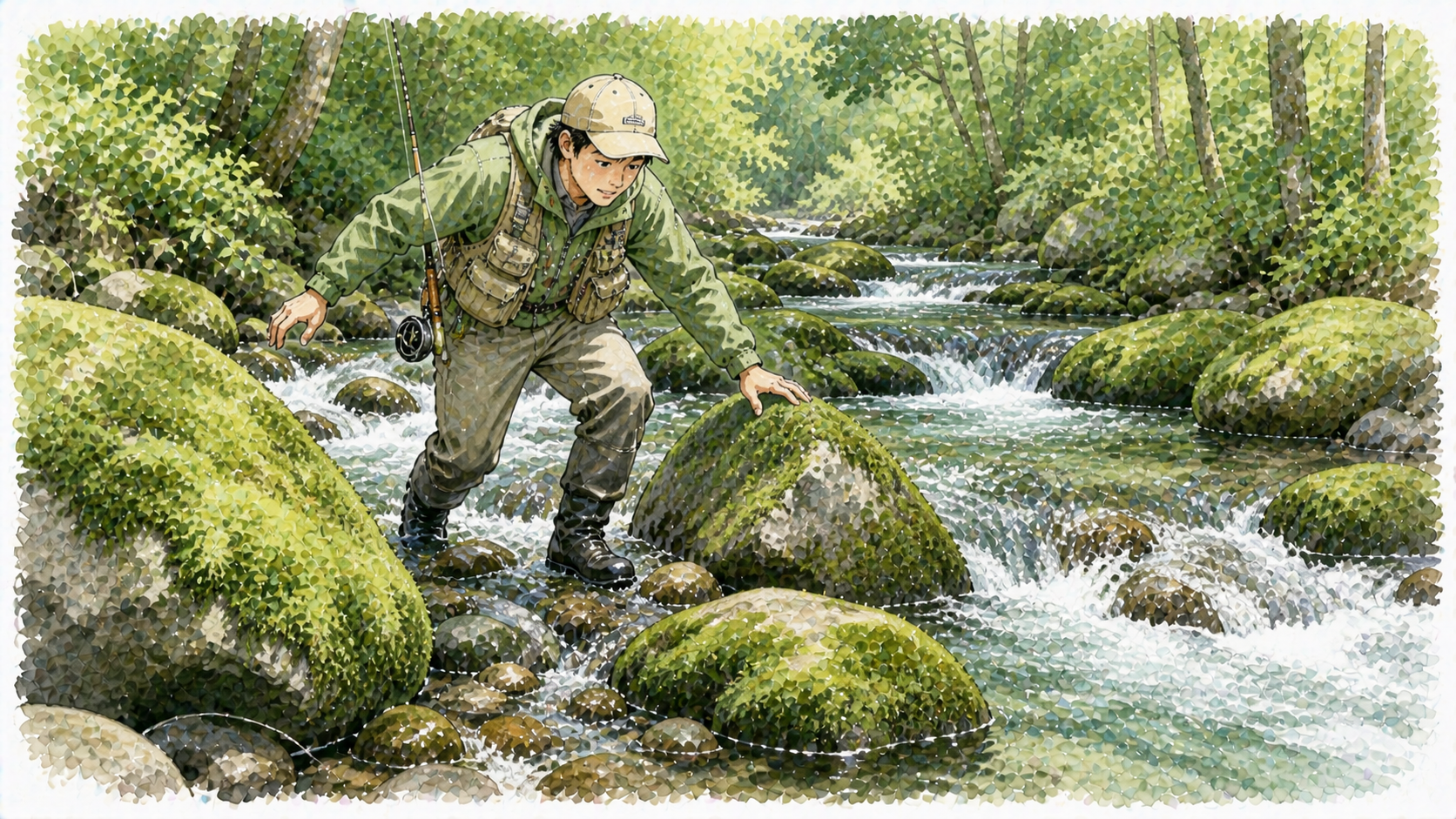 苔むした岩場を慎重に歩くアングラー