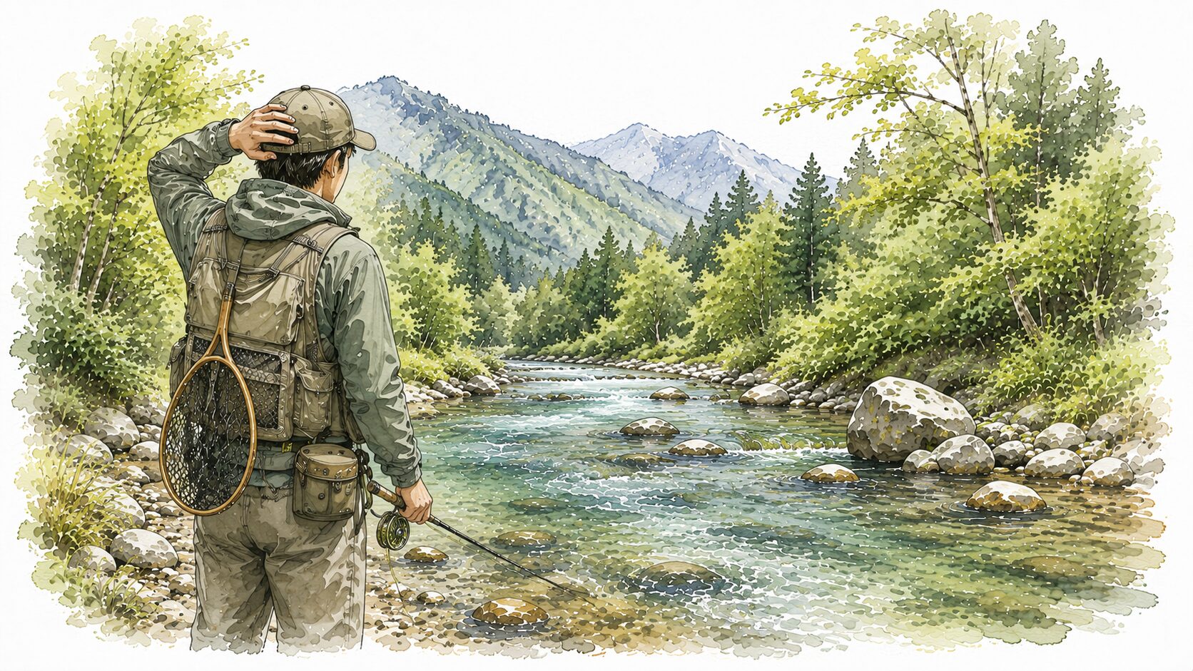 川を前にして釣れずに悩んでいるアングラーのイラスト