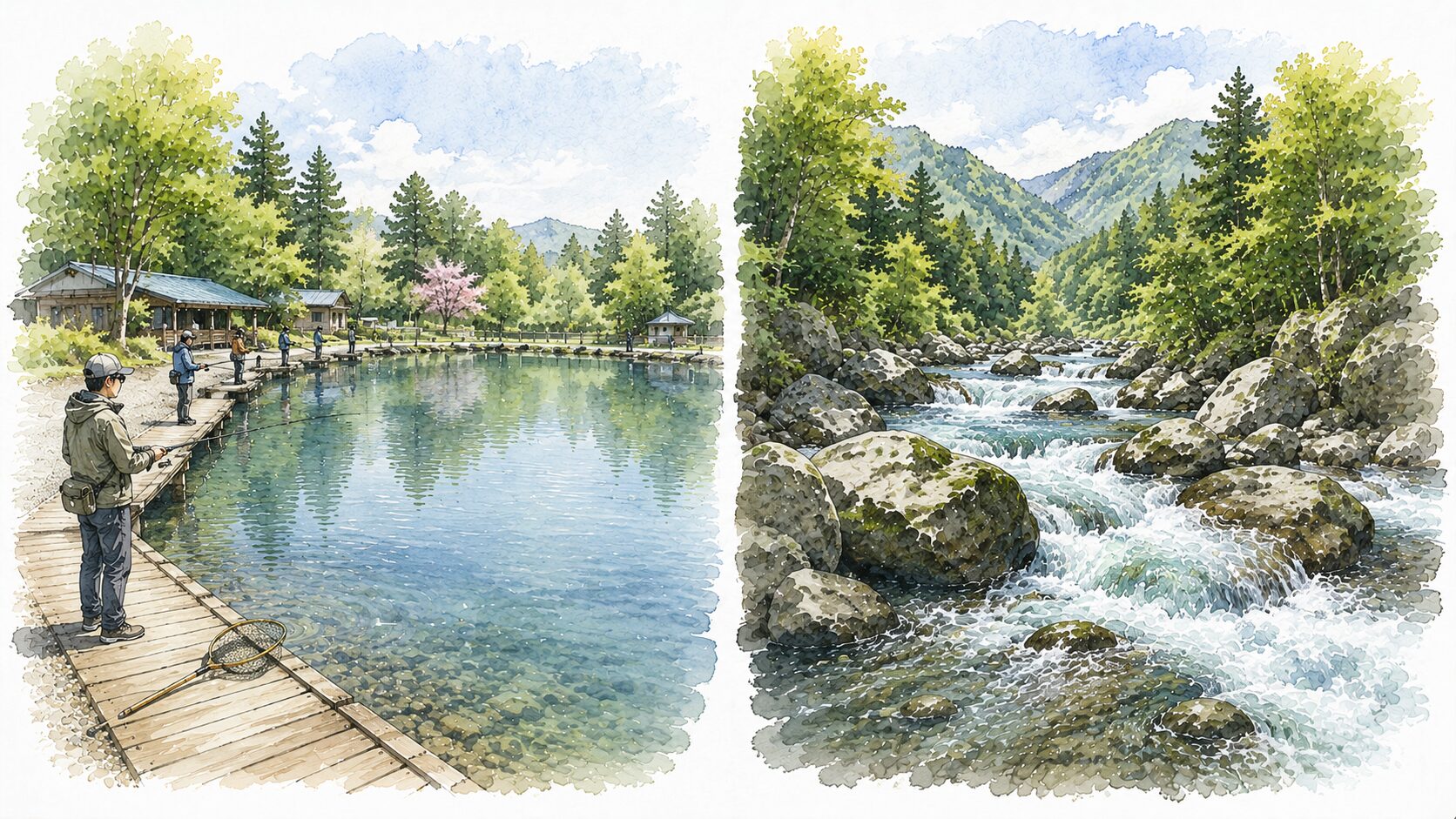 整備された管理釣り場（エリア）と大自然の渓流（ネイティブ）の対比イラスト