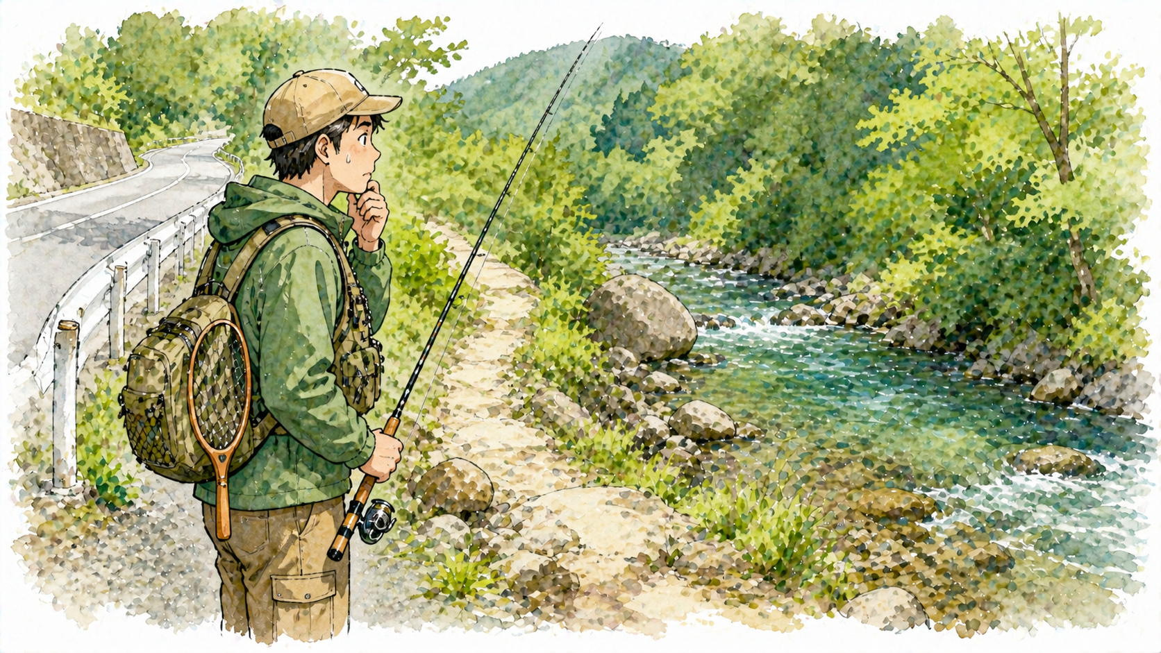 川の入り口で悩む初心者アングラー