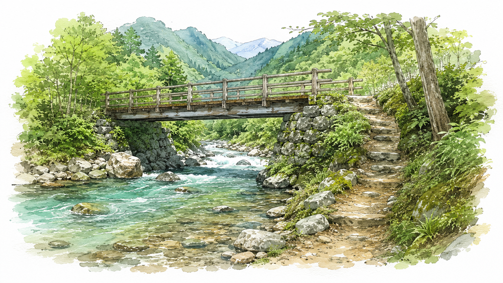 橋の脇から川へと続く小さな小道のイメージ