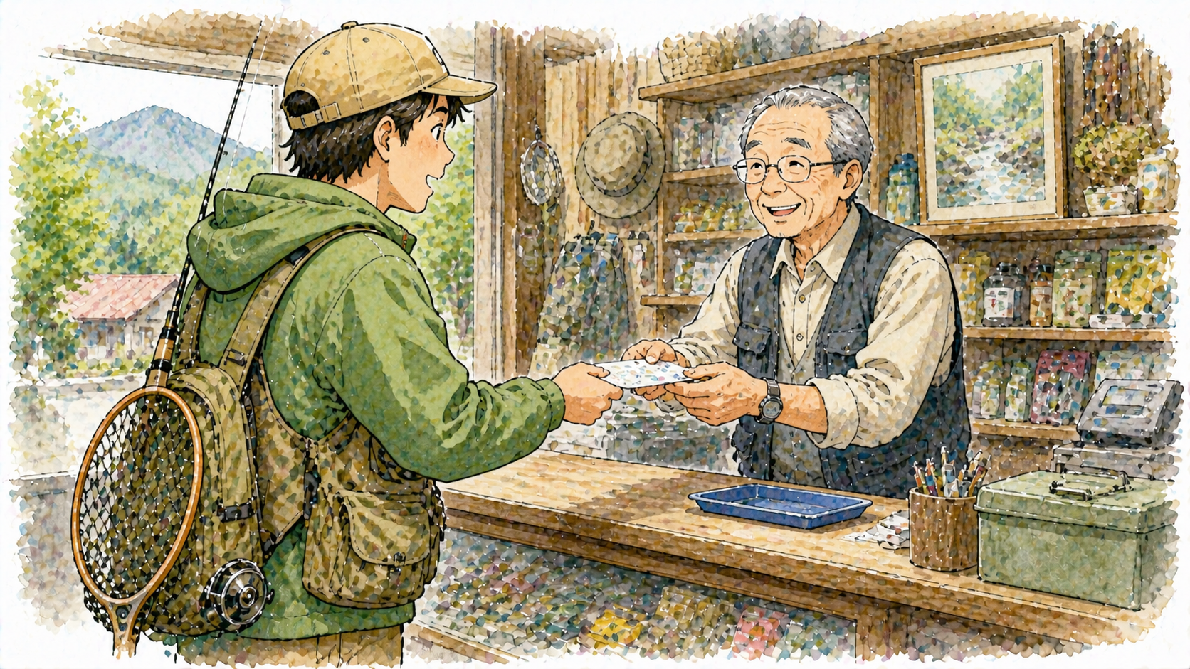 地元の商店で遊漁券を買う様子