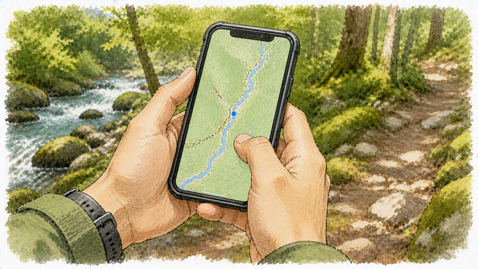 スマホでオフライン地図を確認する様子