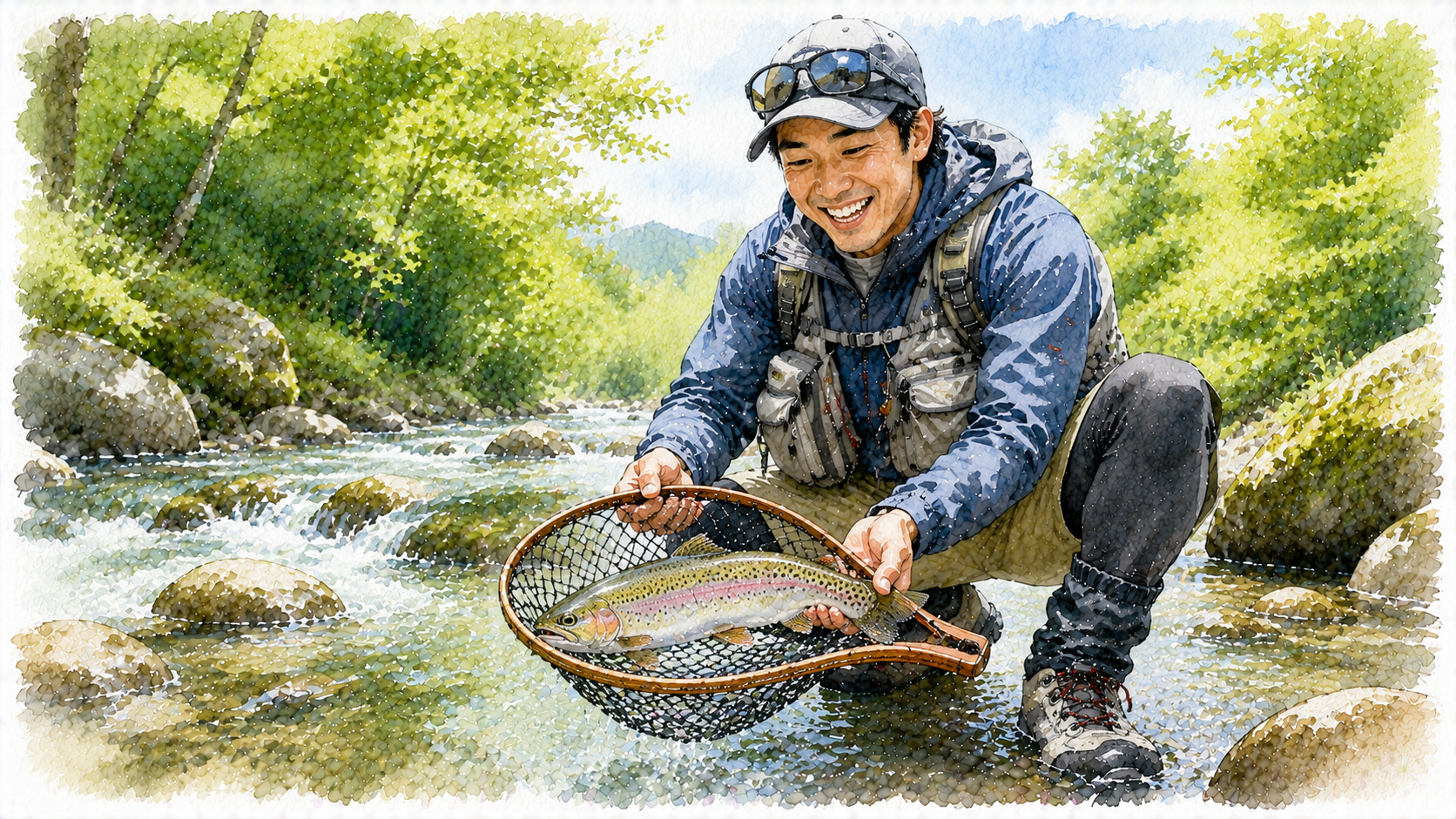 夏の渓流で魚をキャッチし、笑顔のアングラー
