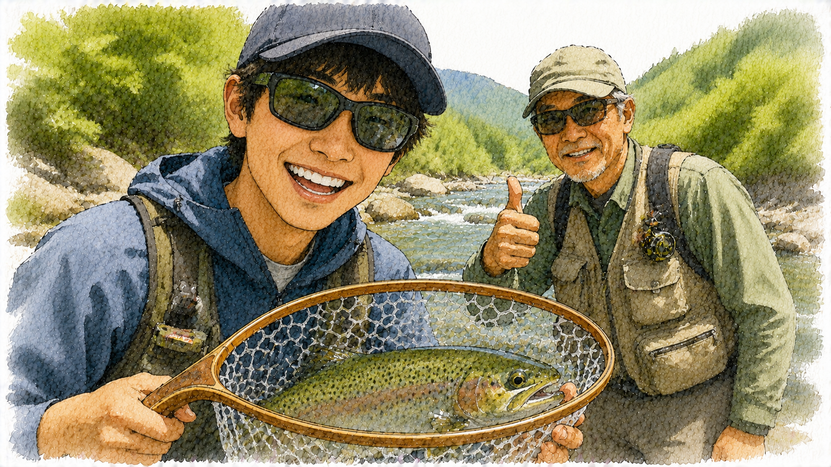 偏光サングラスをかけて魚を発見し、笑顔の遊山メンバー
