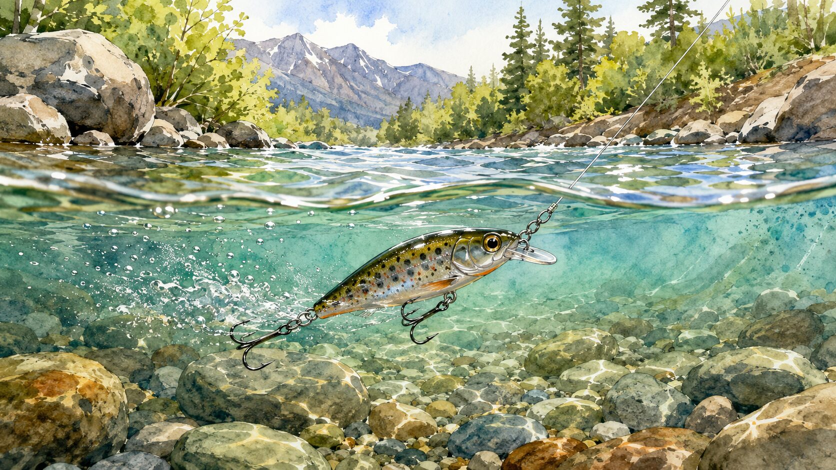 透明度の高い渓流の水中をキビキビと泳ぐミノーと、しっかりとしたPEライン