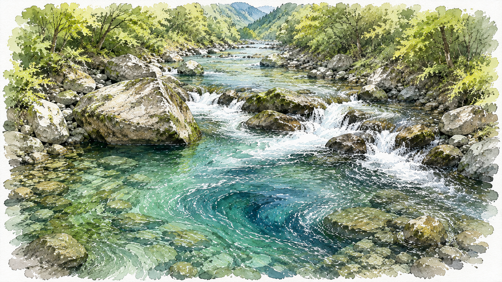複雑な流れが絡み合う美しい渓流の風景