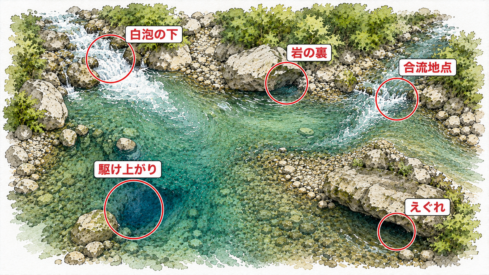 川の流れと魚の居場所を示す図解イラスト（名称入り）
