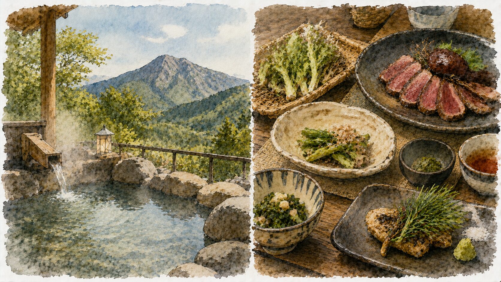 湯気立つ露天風呂に浸かるアングラーと、その後に食べる豪華な現地グルメのイラスト