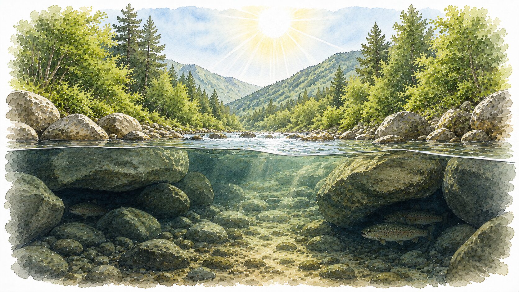 太陽が高く昇った真昼の川と、岩陰に隠れる魚のイラスト