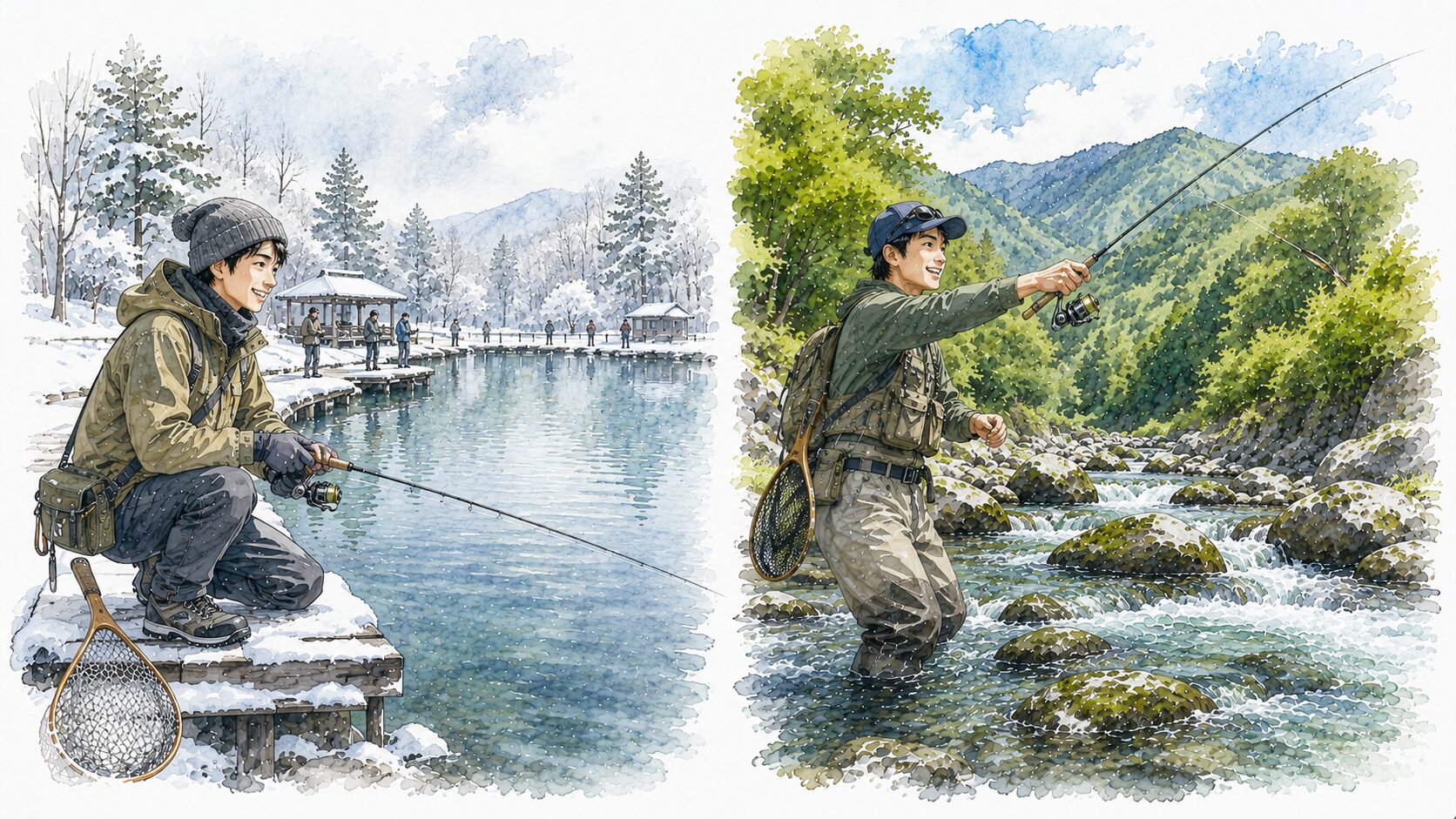 冬はエリア、夏はネイティブと、1年中トラウト釣りを楽しむアングラーのイラスト