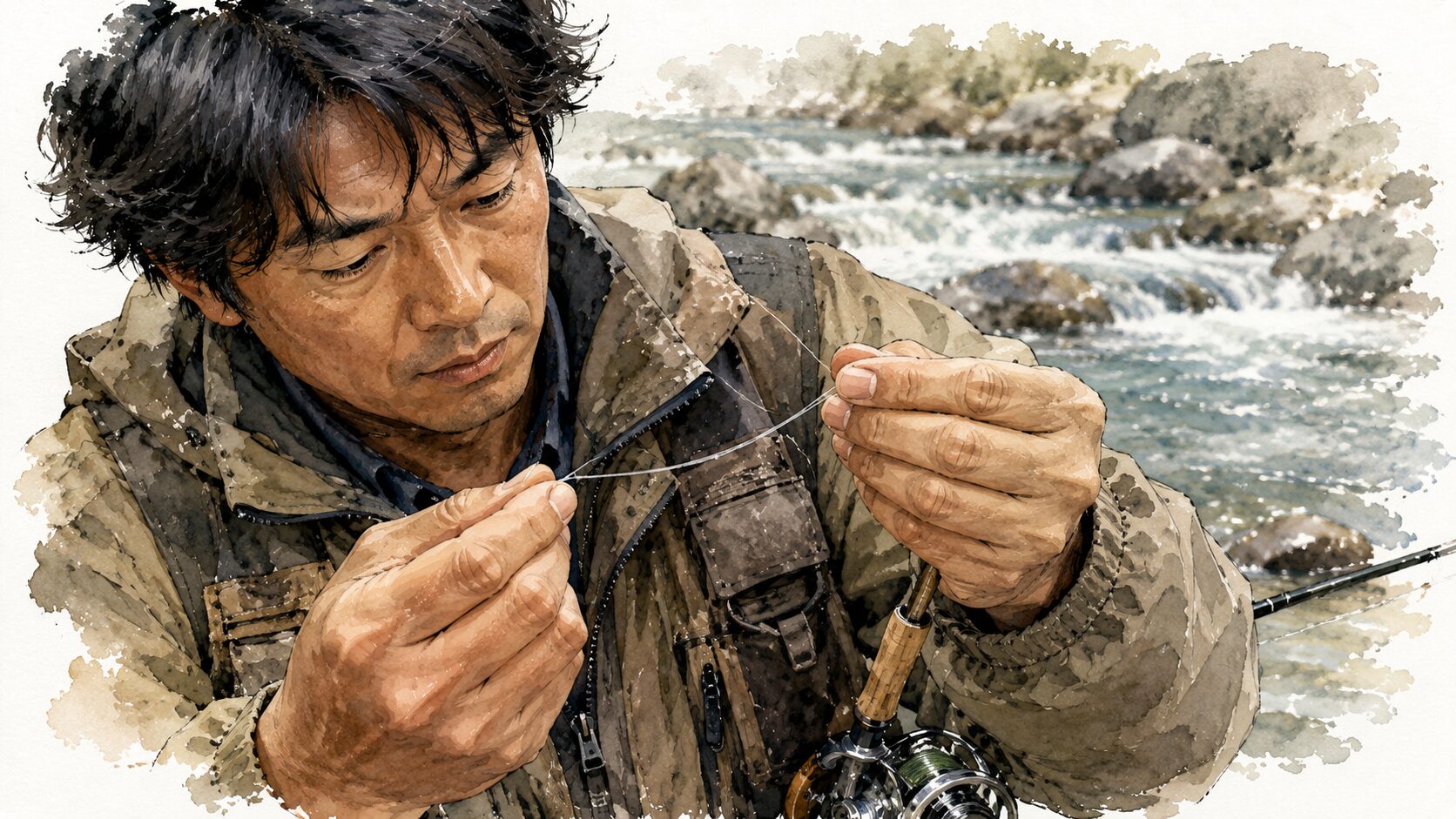 フロロカーボンとナイロンのリーダーの質感をマクロで比較している様子