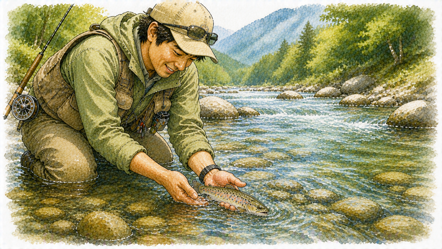 魚をやさしくリリースするアングラー
