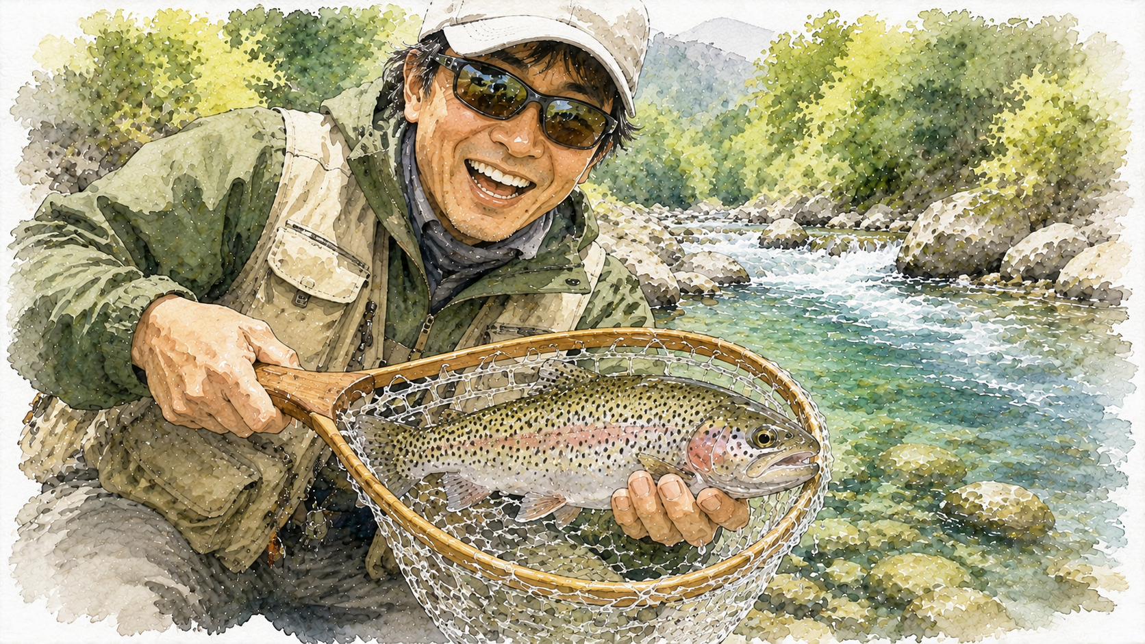 狙い通りのポイントで魚をキャッチし笑顔のアングラー