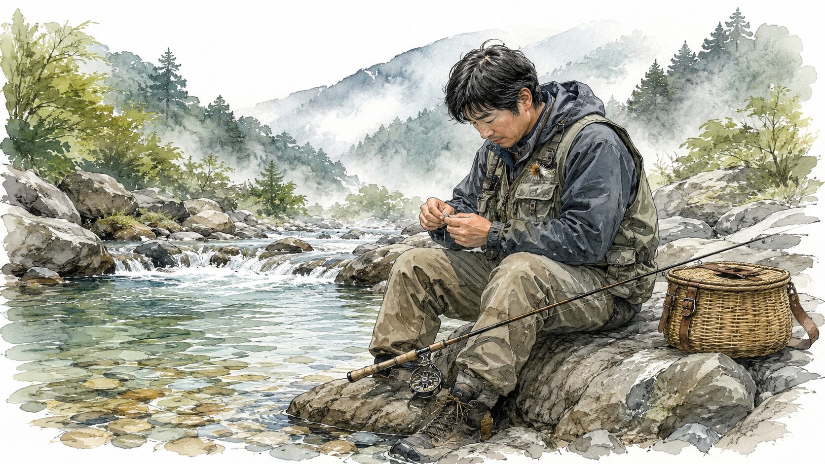 朝の渓流で静かに準備をするアングラー