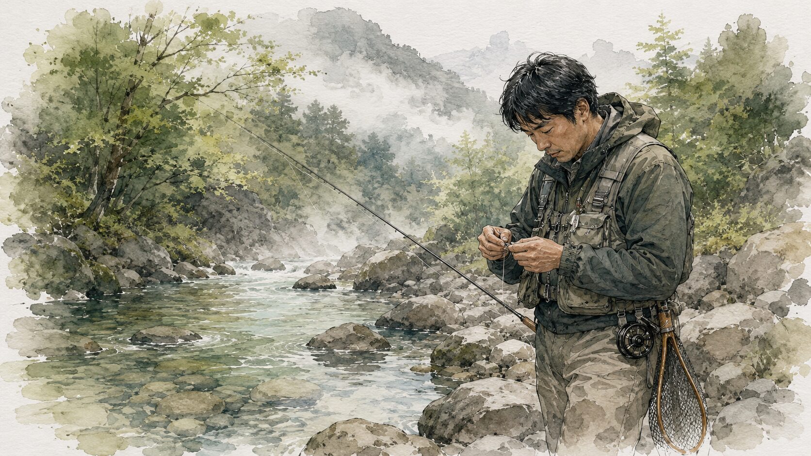 朝靄がかかる日本の渓流で、PEラインと透明なリーダーを接続しているアングラーの手元