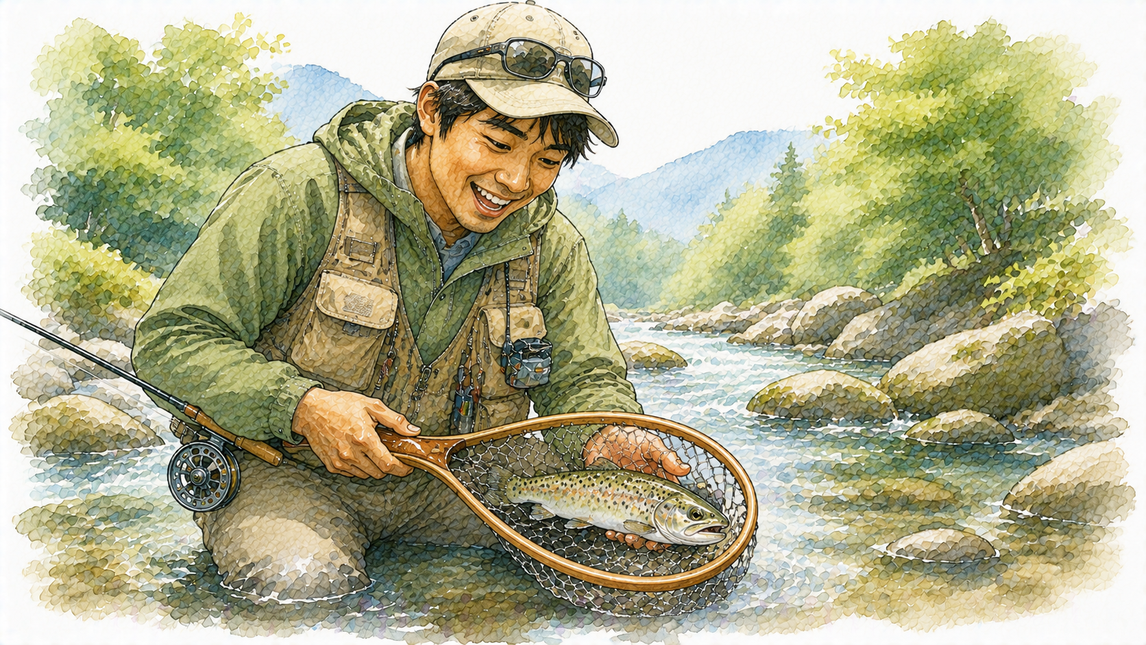 初めての魚をキャッチして喜ぶアングラー