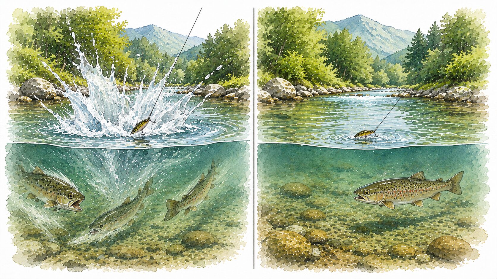着水音が大きすぎて魚が驚く様子と、静かに落ちる様子の比較イラスト