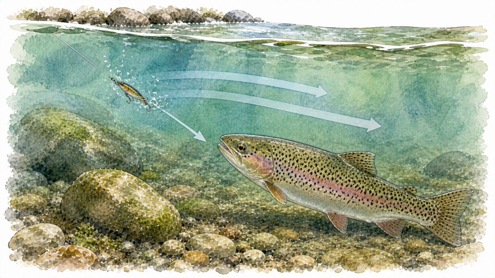 上流を向いて泳ぐ魚に背後からアプローチするイラスト