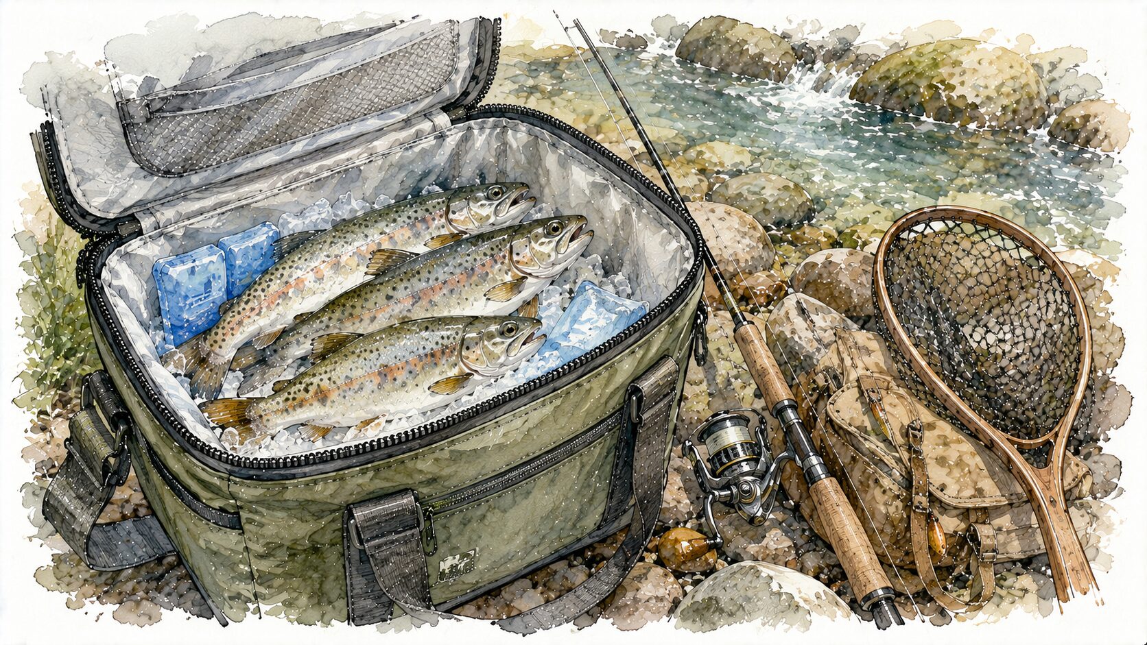クーラーバッグに入れた渓流魚