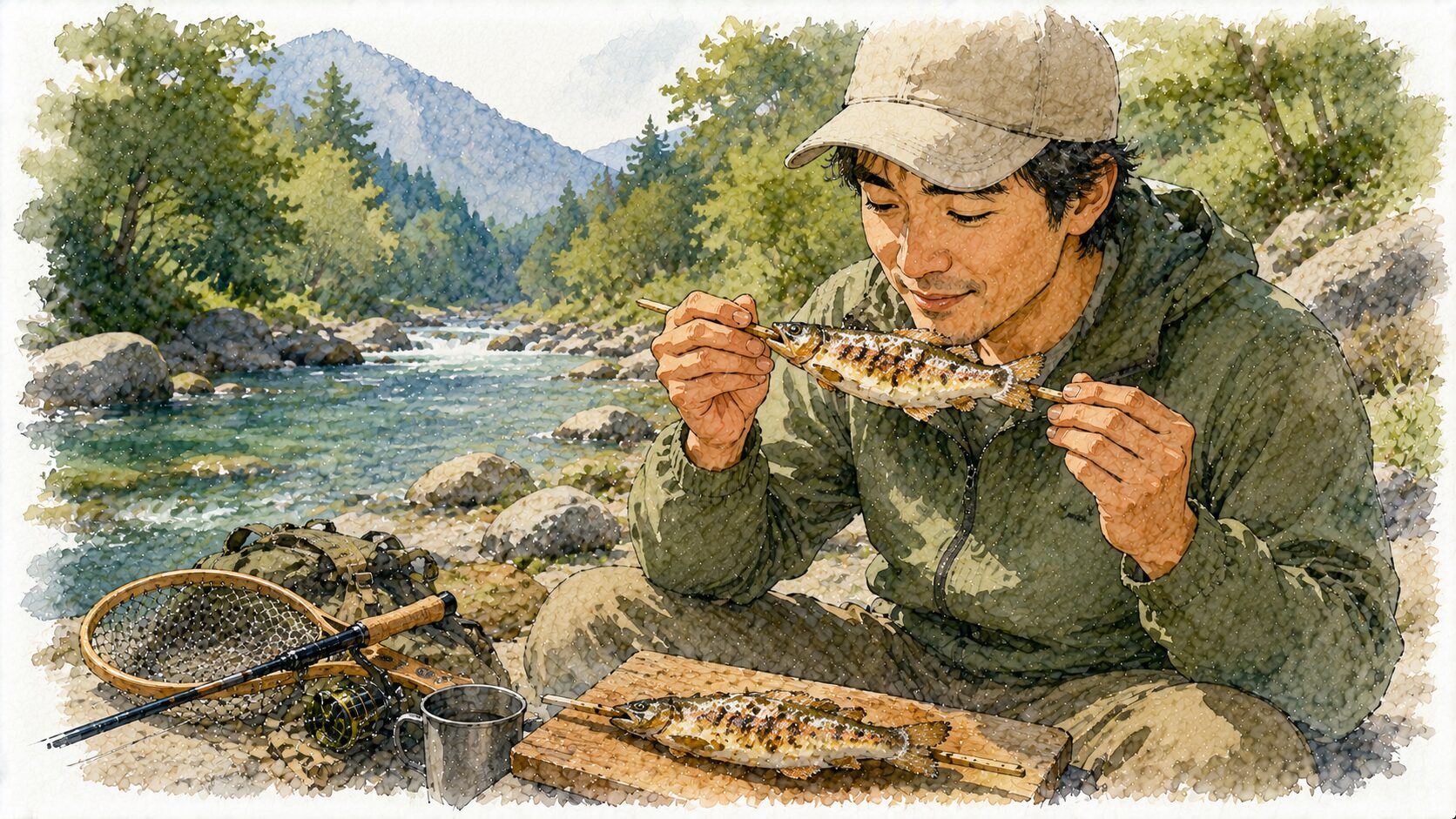 自然の中で食べる渓流魚