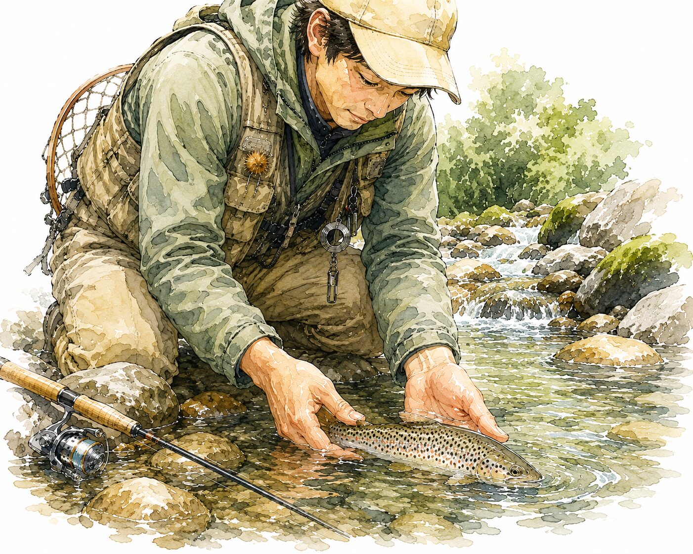 渓流で魚をリリースする様子
