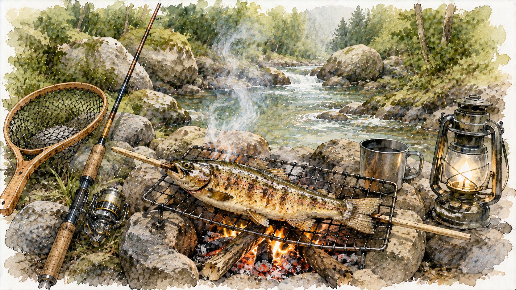 渓流で釣れた魚を塩焼きにする様子
