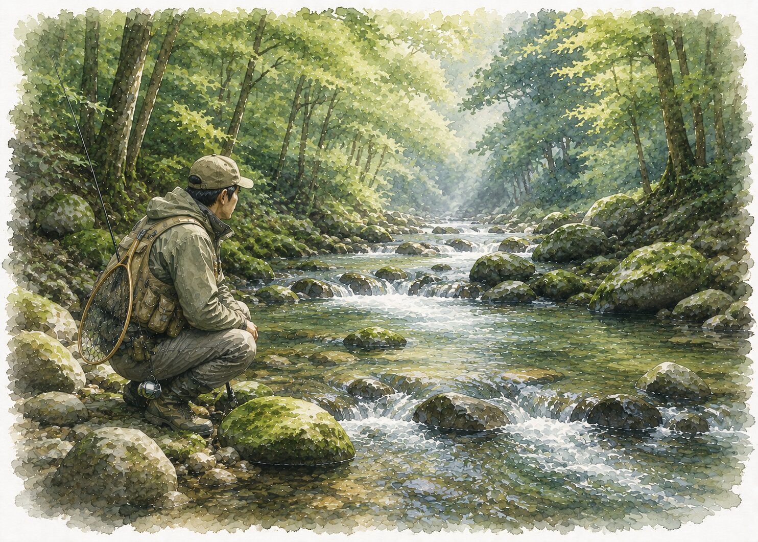 自然を感じながら渓流を歩くアングラー