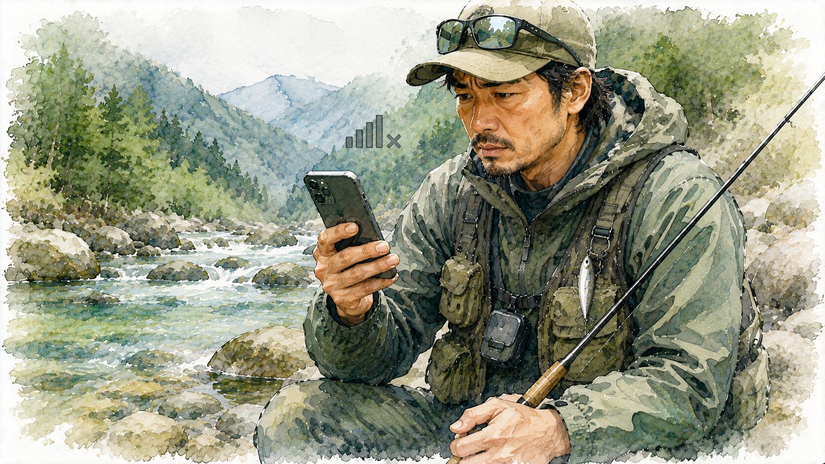 山奥の渓流とスマホ