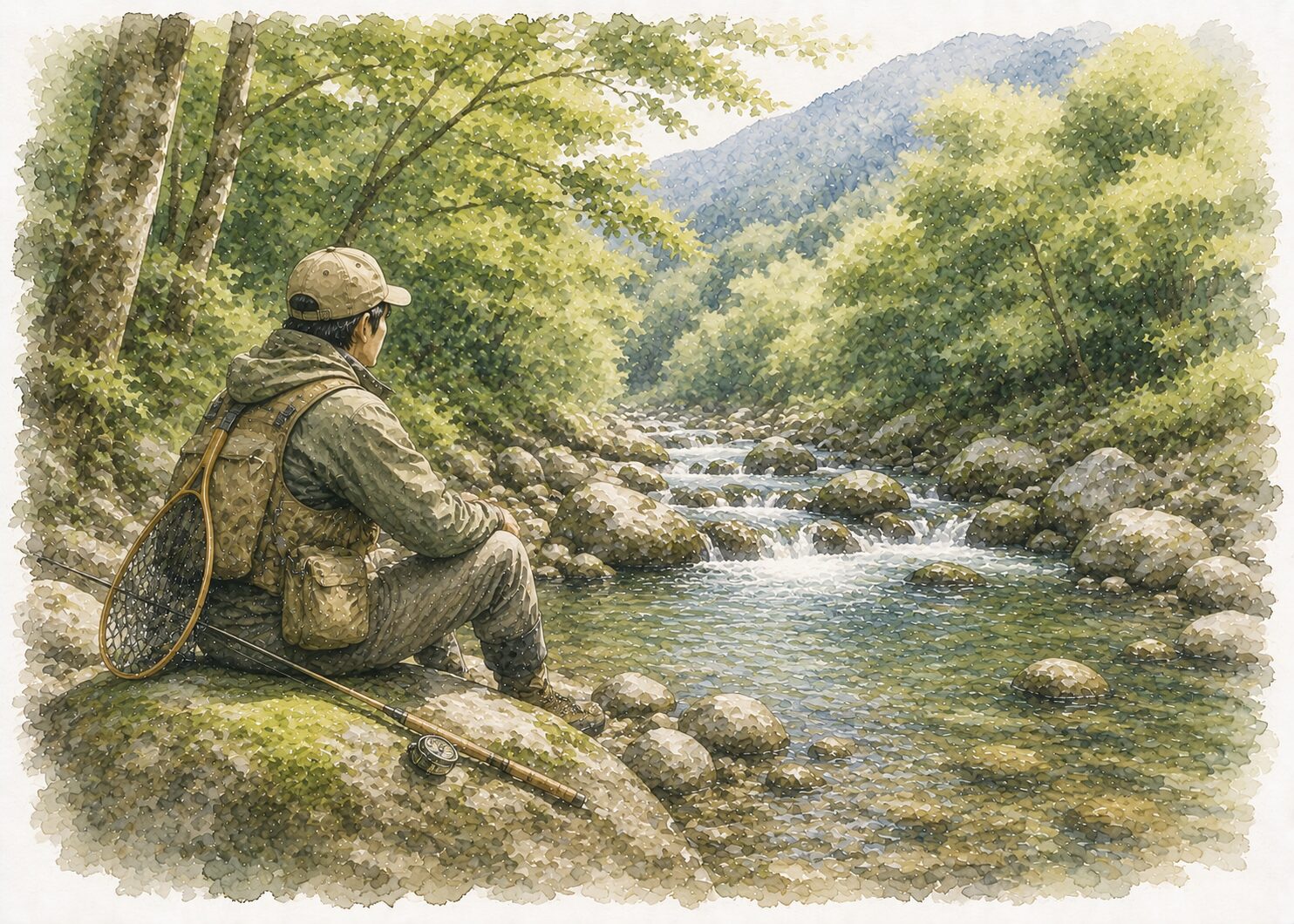 渓流で静かな時間を過ごすアングラー