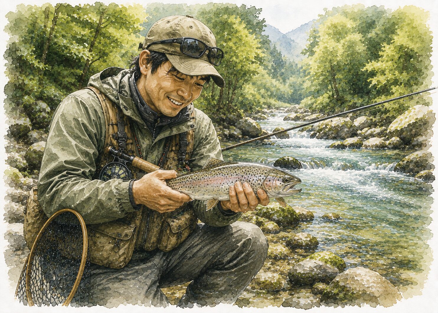 渓流魚を手にしたアングラー