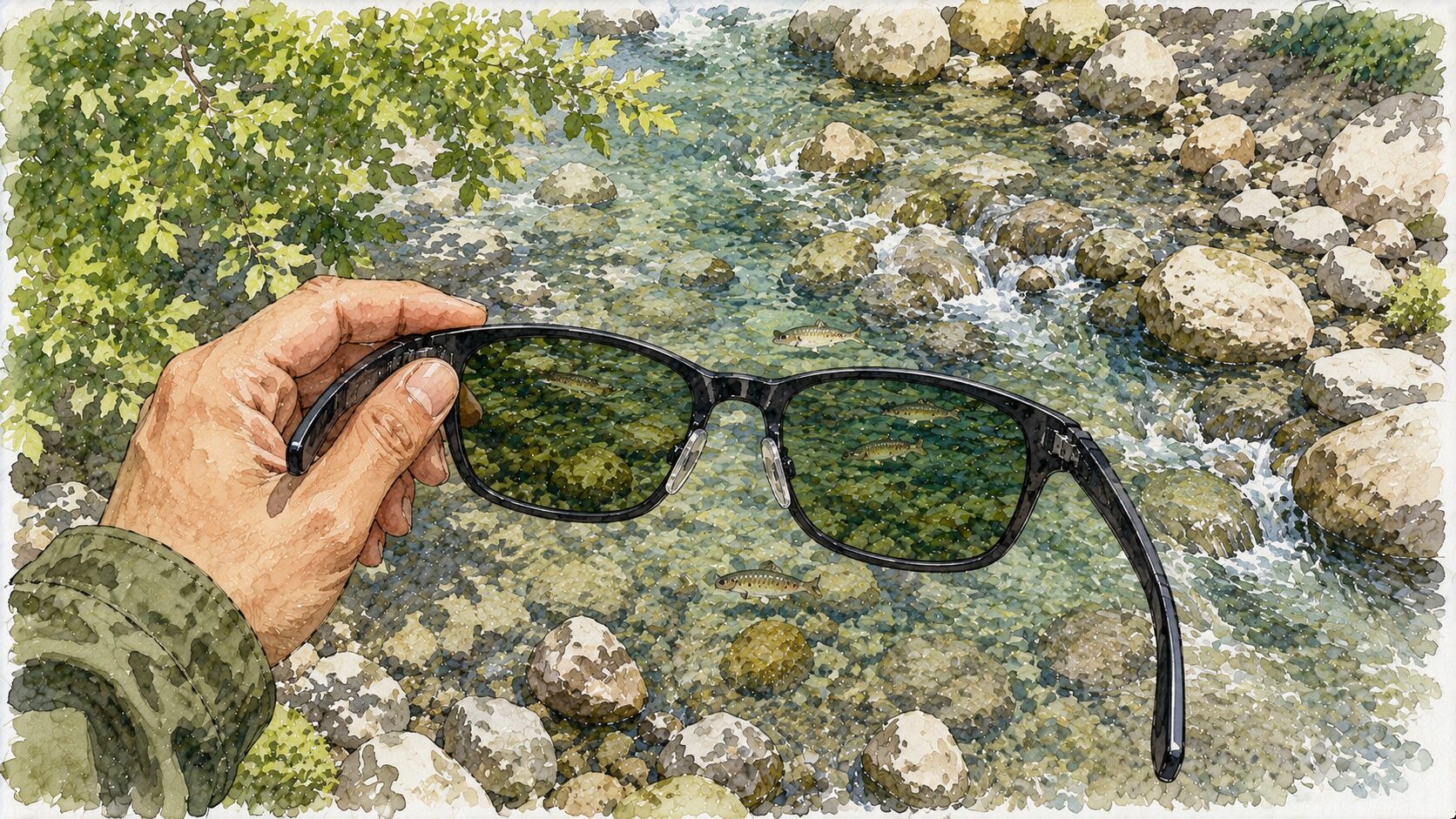 偏光グラス越しの渓流