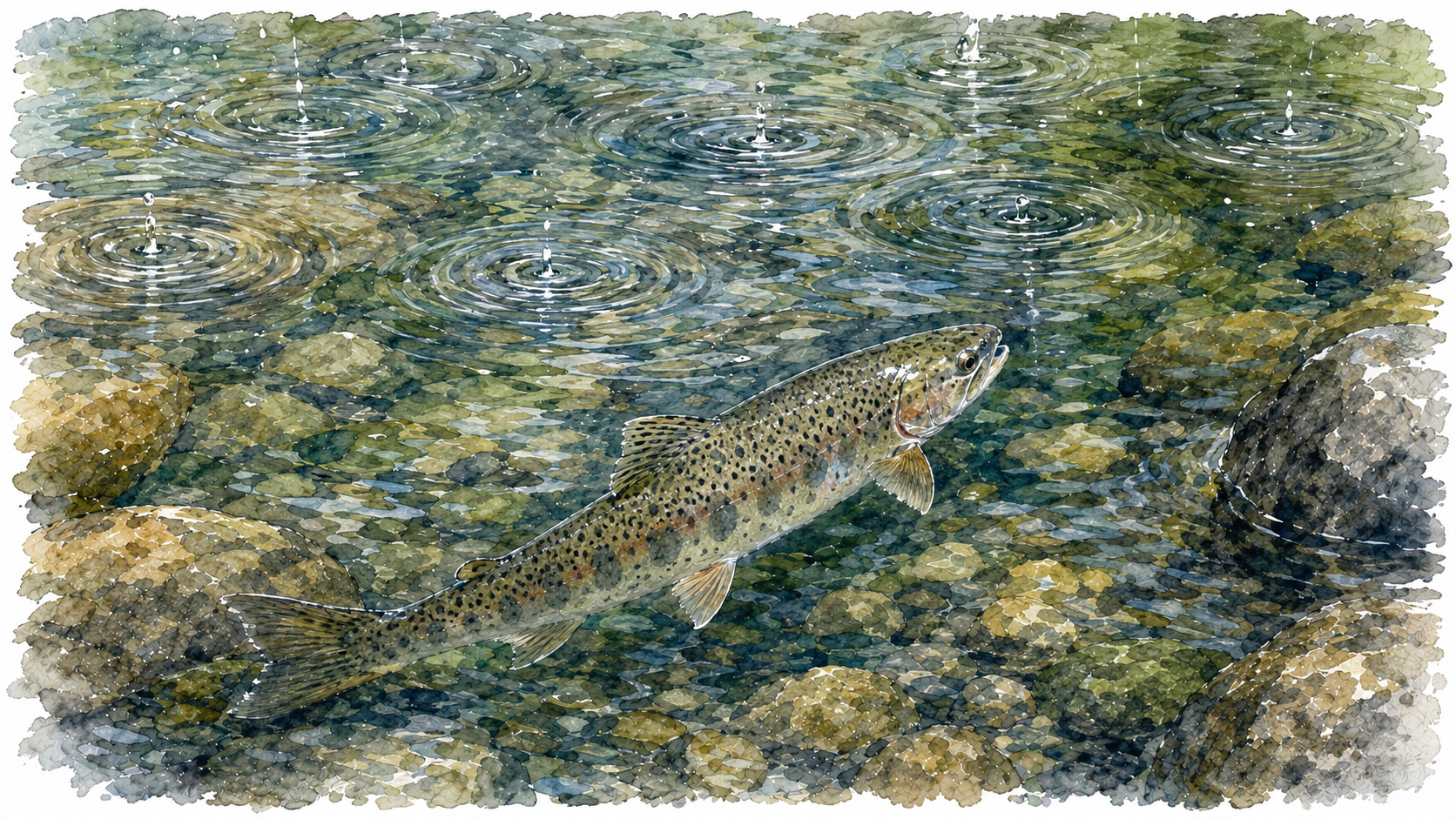 水面に広がる雨の波紋と元気に泳ぐ魚のイメージ