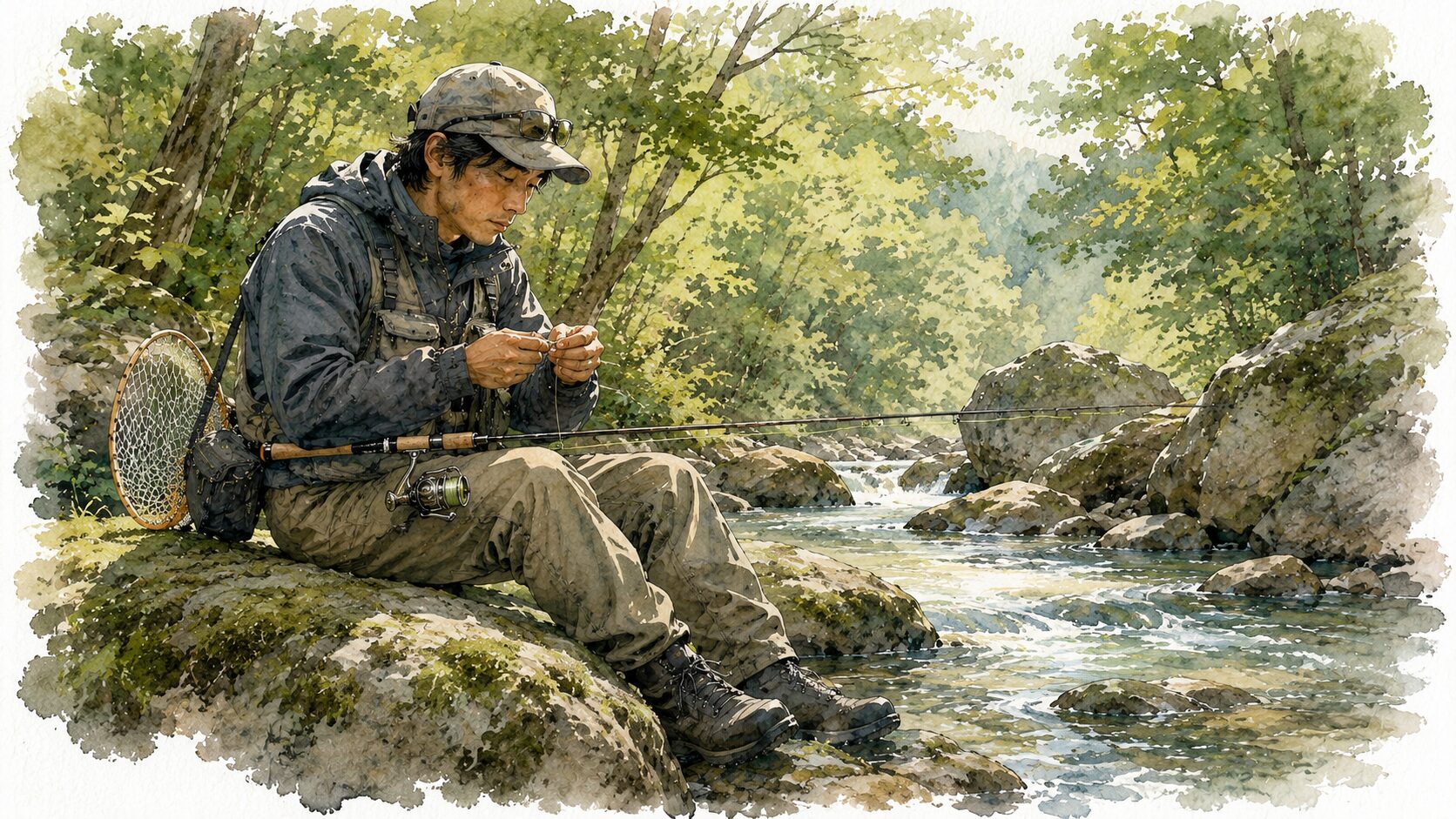 根がかり後に岩に座って結び直すシーン