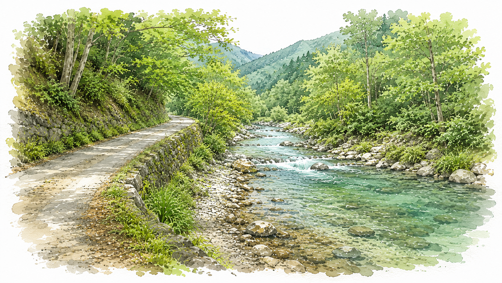 道路と川が接近し、高低差が少ない場所の風景